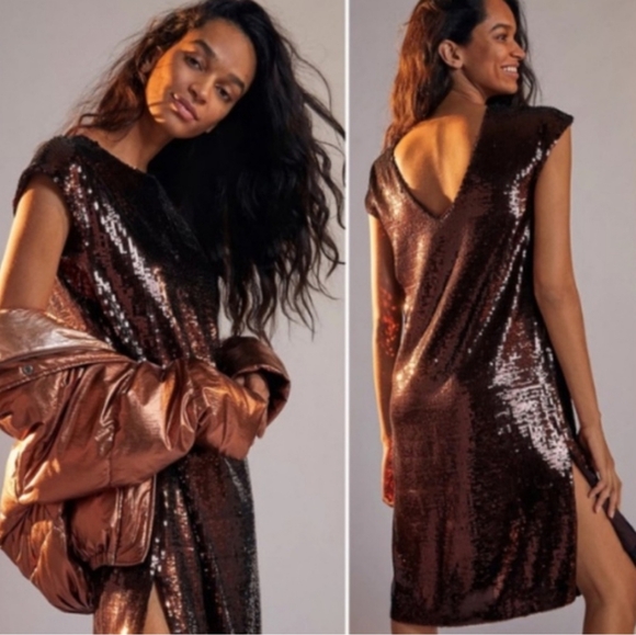 NWT - Maeve by Anthropologie Kara Sequin Sheath Dress Brown - Picture 1 of 9